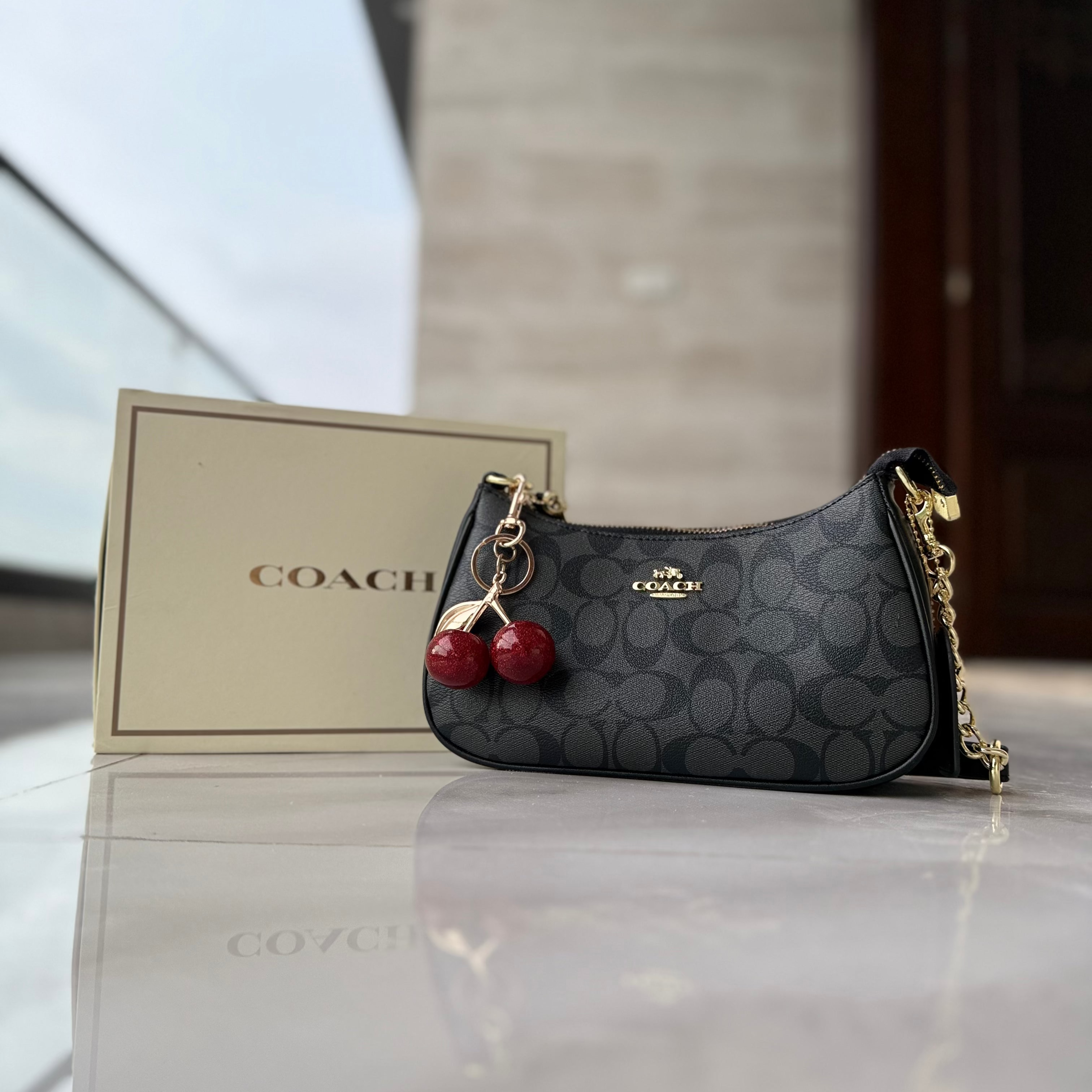 COACH CHERRY CHARM  PATTERN BAG (BLACK)