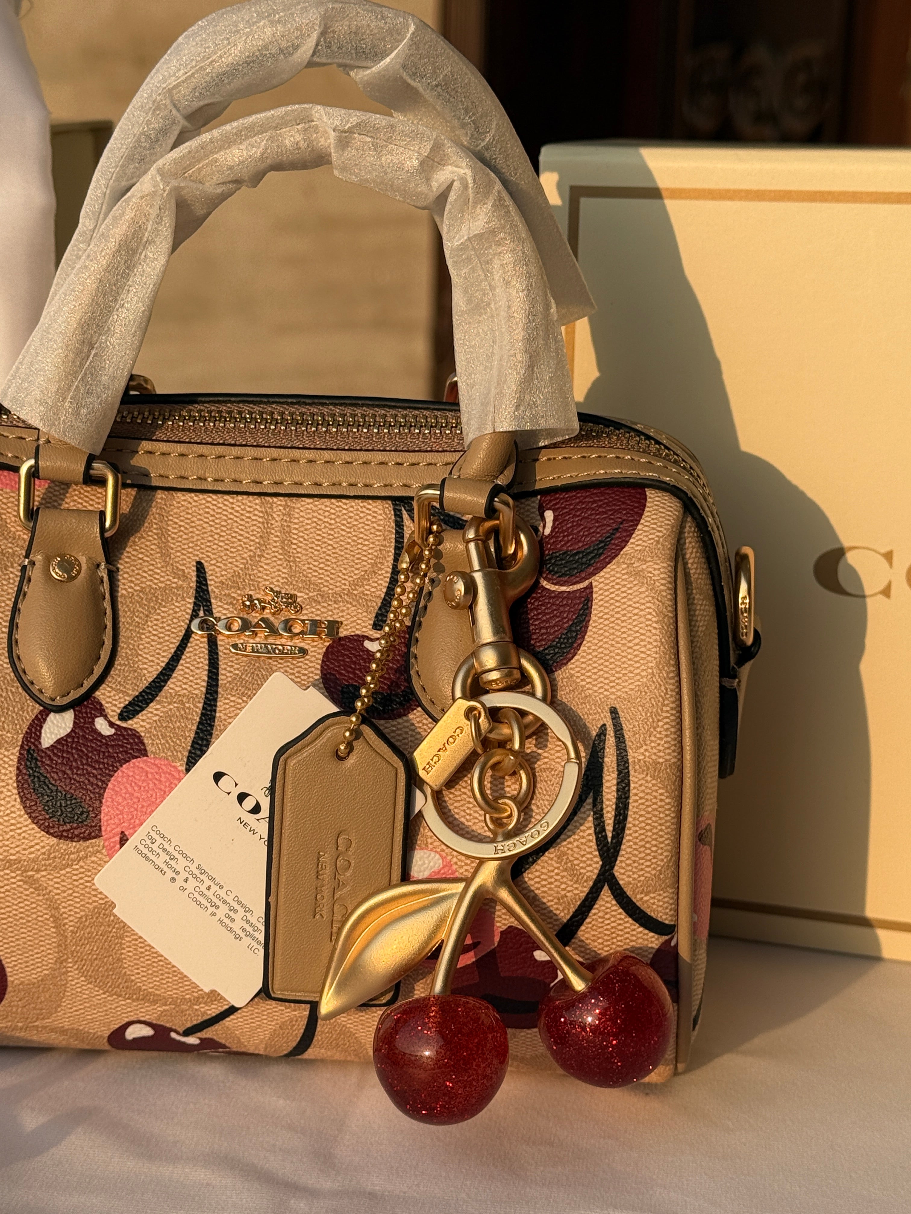 COACH CHERRY PATTERN BAG IN BROWN WITH CHERRY CHARM