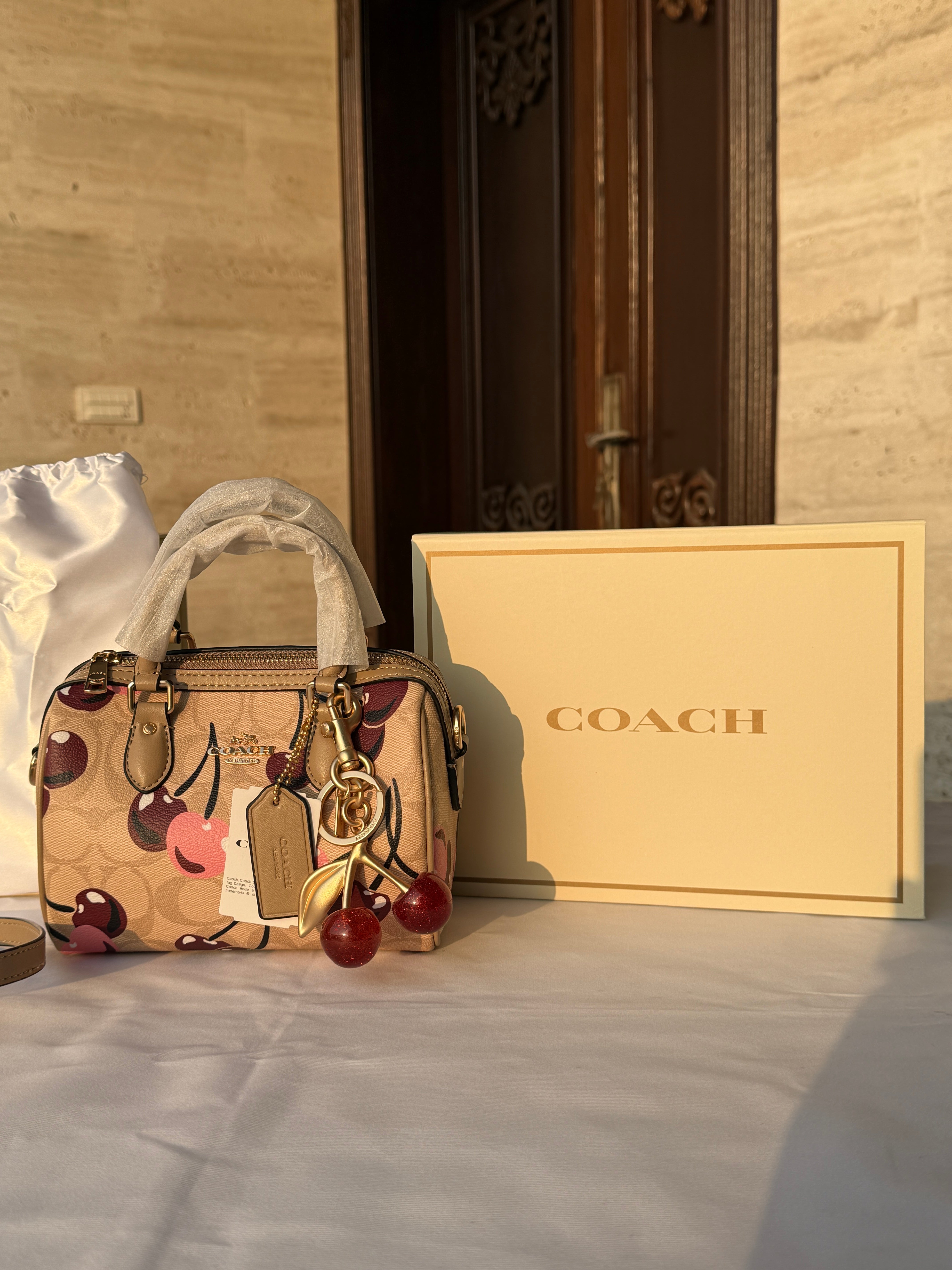 COACH CHERRY PATTERN BAG IN BROWN WITH CHERRY CHARM
