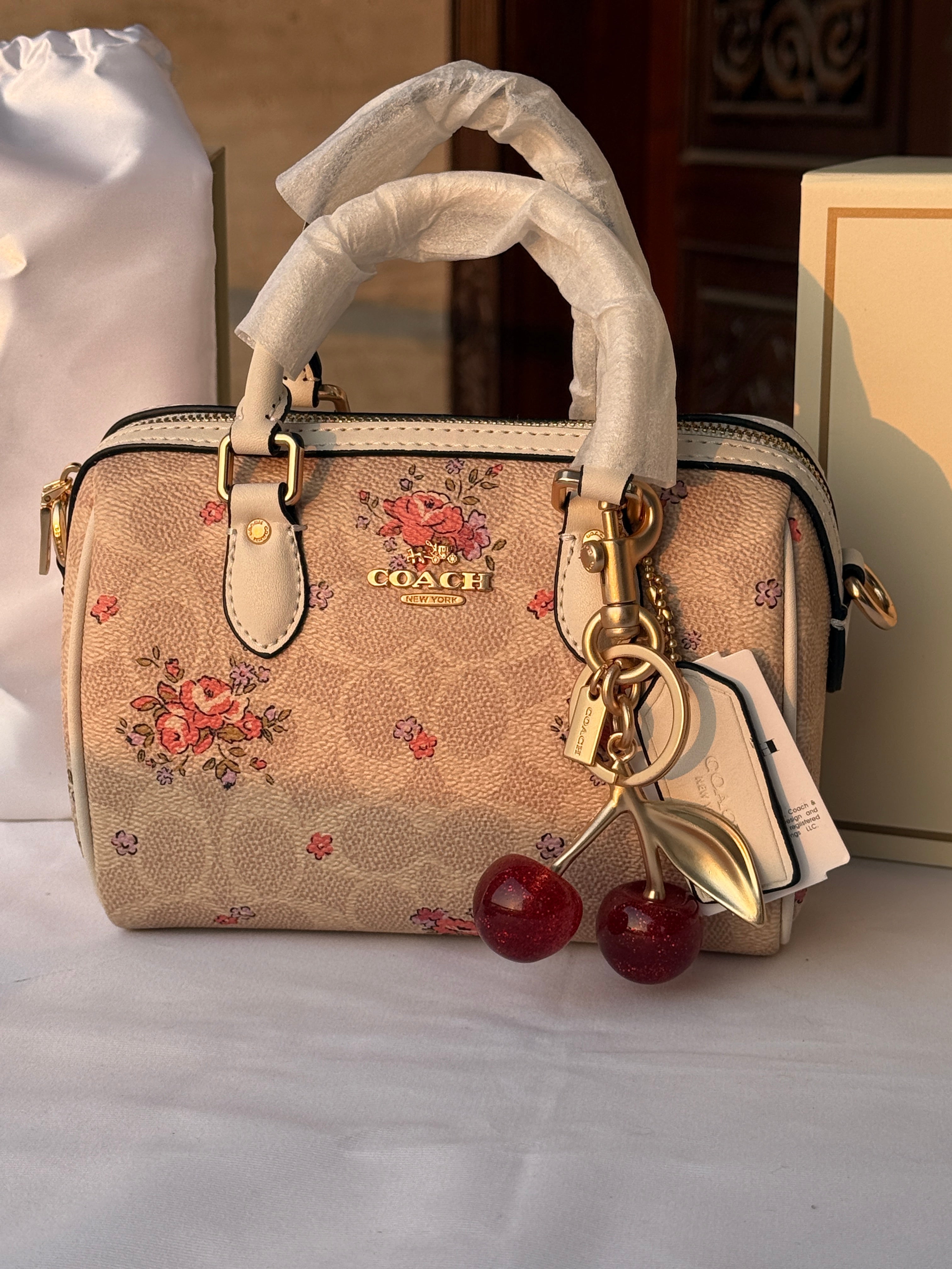 COACH LIGHT BROWN FLOWER PATTERN BAG CHERRY CHARM