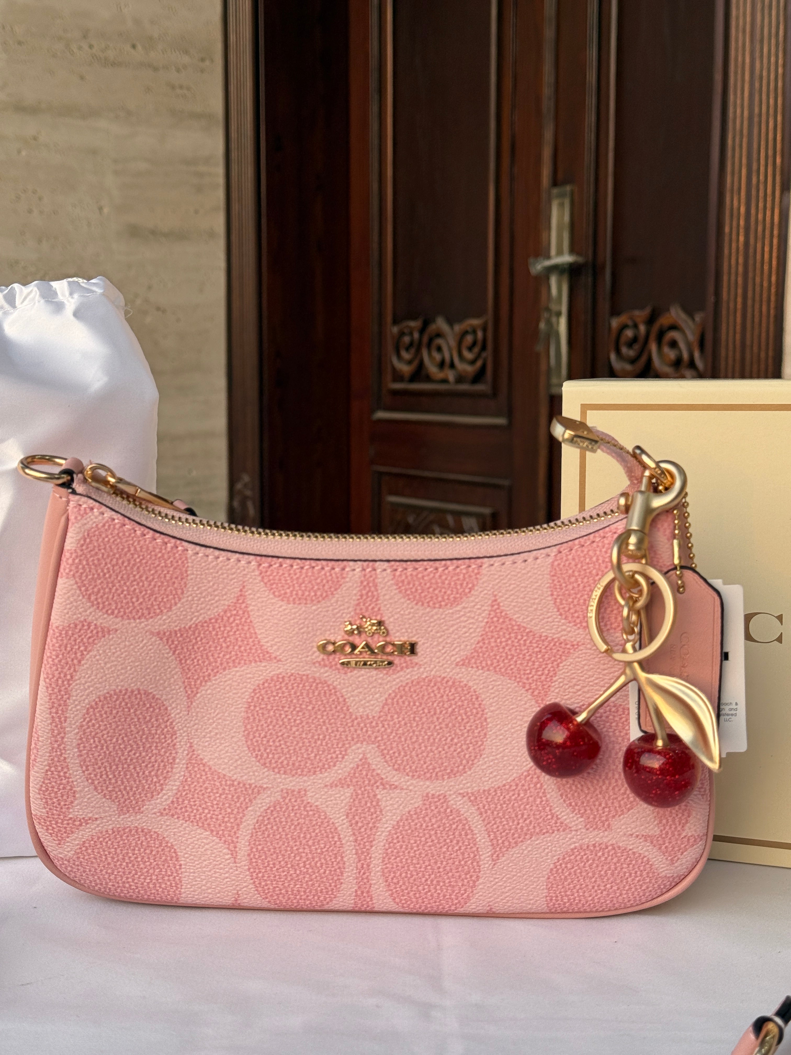 COACH PINK BAG WITH CHERRY CHARM AND 2 STRIPS